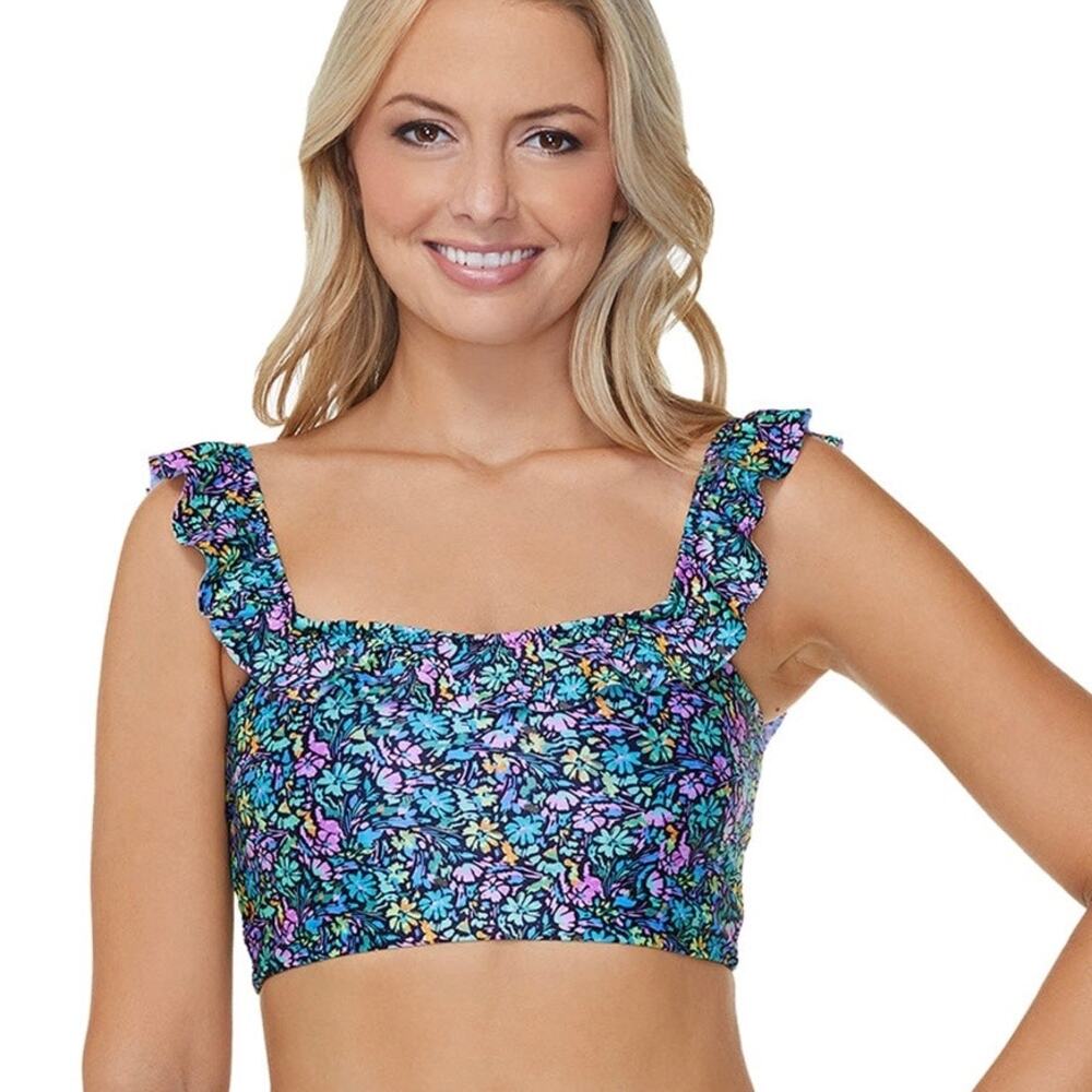 Raisins Swim Floral Blue Ruffle Padded Cropped Porta Del Sol Bikini Top LARGE